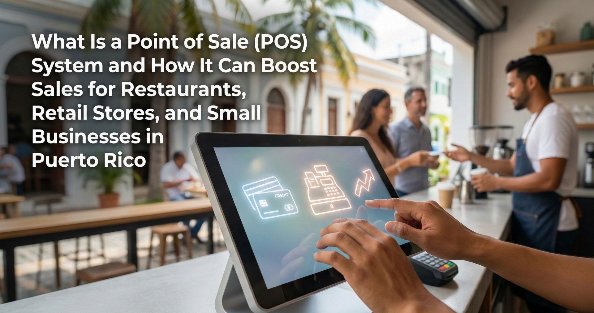 Hands operating a POS system at a small business in Puerto Rico, representing modern payment technology and improved sales.